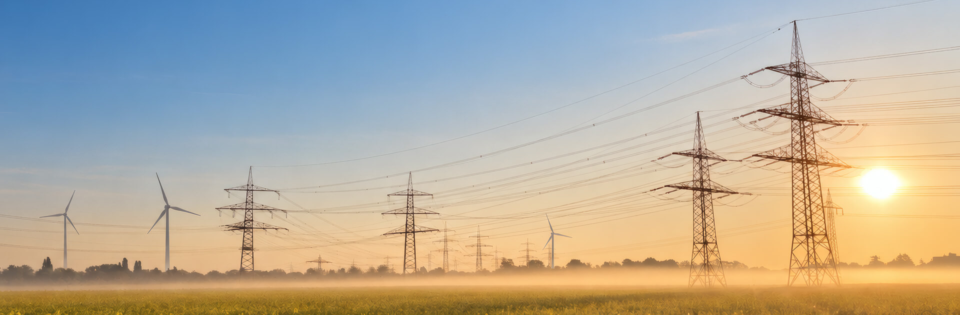 Sonnenaufgang über einem nebelverhangenen Feld, über das eine Stromtrasse verläuft. Im Hintergrund sind drei Windkraftanlagen zu sehen.